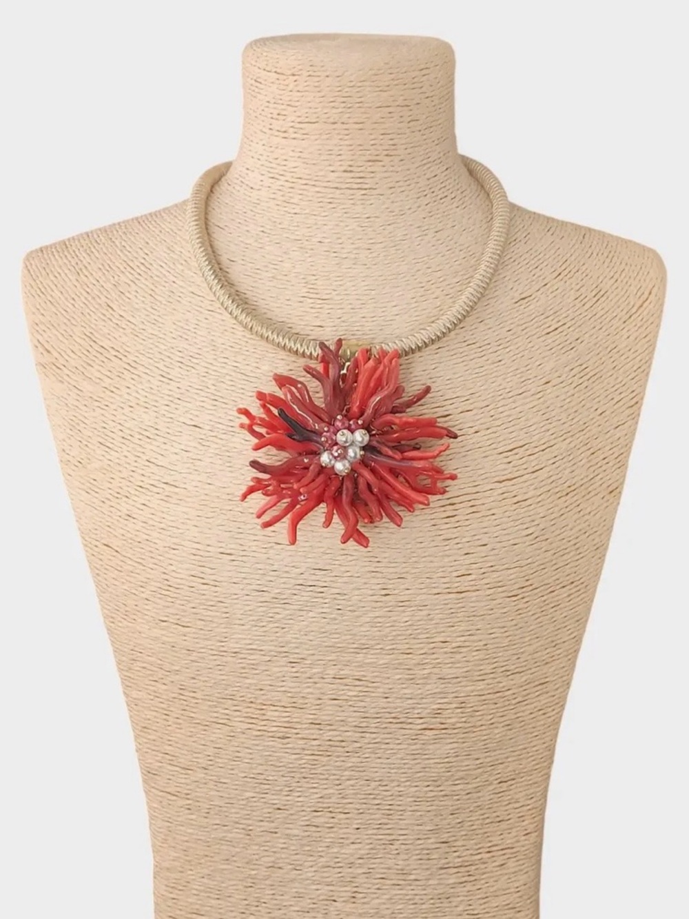 Coral Burst Statement Necklace - Red Floral Pendant